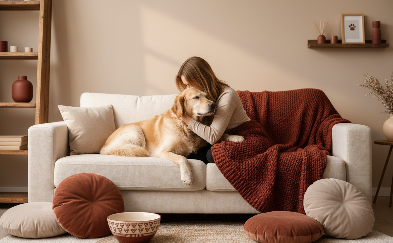 eine Haustier Liebe mit Hund in Beige/dunkelrot Farbton.