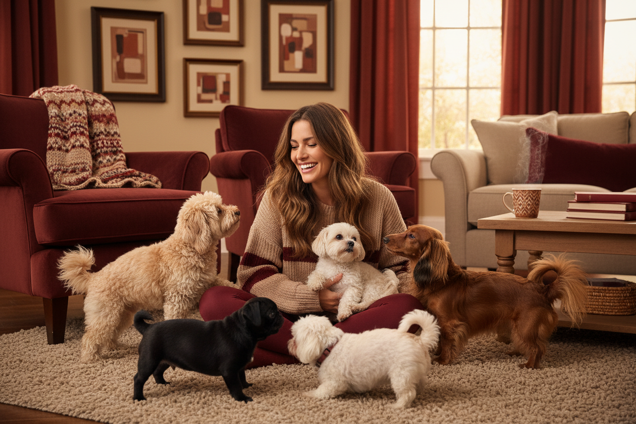 Glückliche kleine Hunde mit Ihrem Besitzerin mit Beige/dunkelrot Farbton :) 